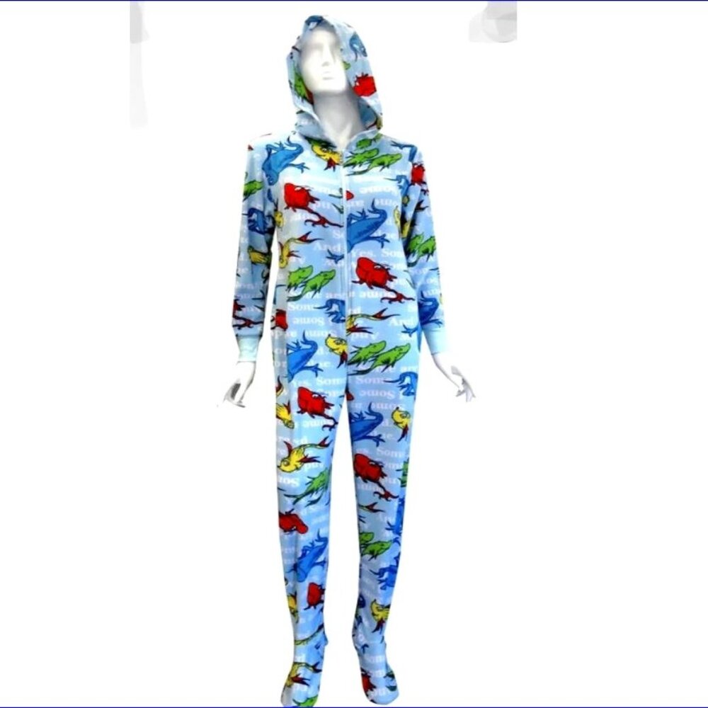 DR SEUSS One Fish Two Fish Pajama Costume Hooded Onezie Footie PJs  - Adult XL